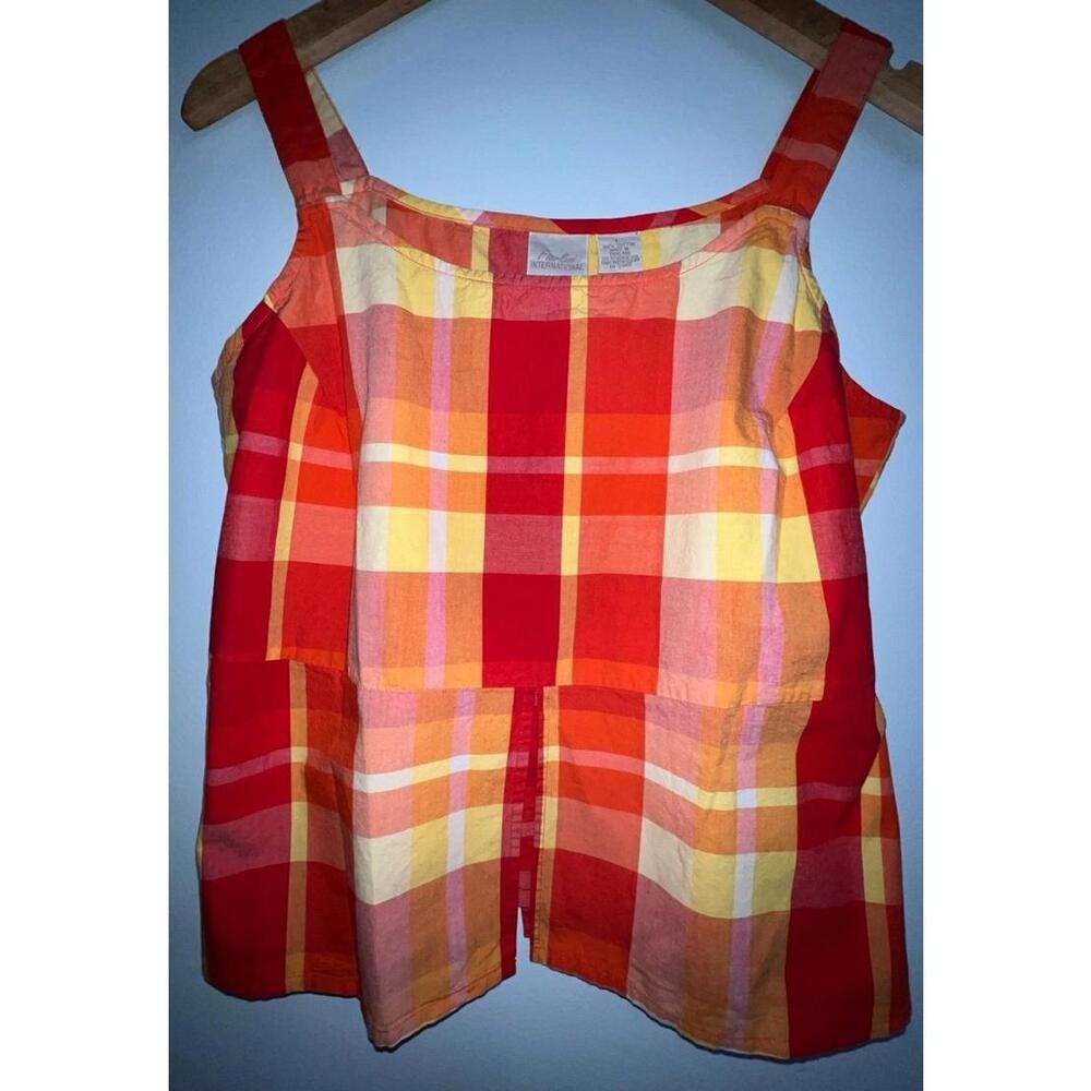 Fiorlini International Red Orange Plaid Cotton Tank Top Back Tie Square Neck L